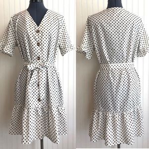 Vintage Black and White Polka Dot Dress Ruffles V-neck Belted Breezy Summer